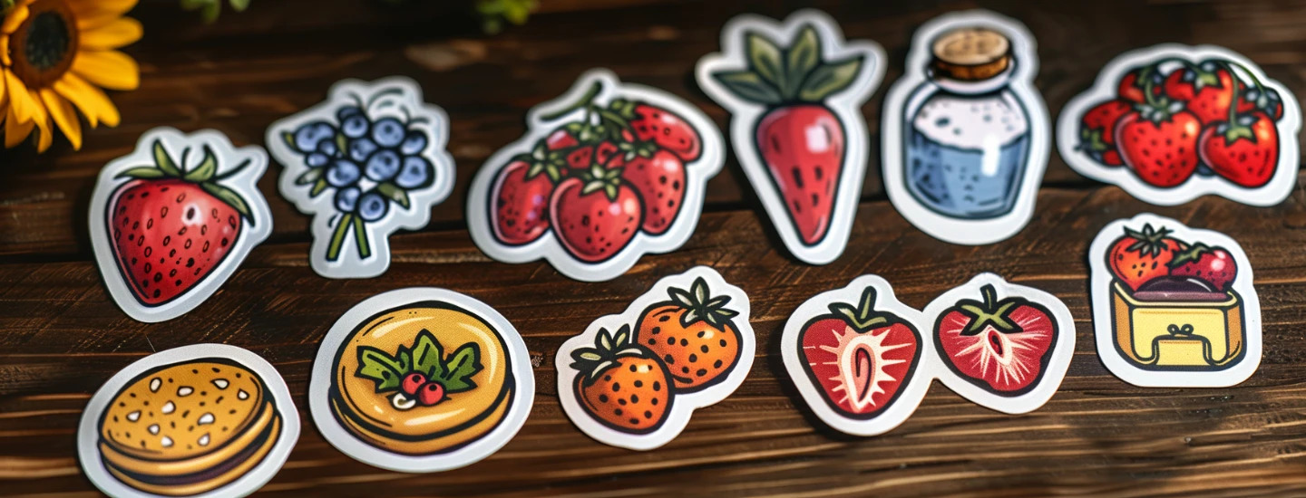 adesivi e sticker - sticker di cibo colorato su tavolo di legno